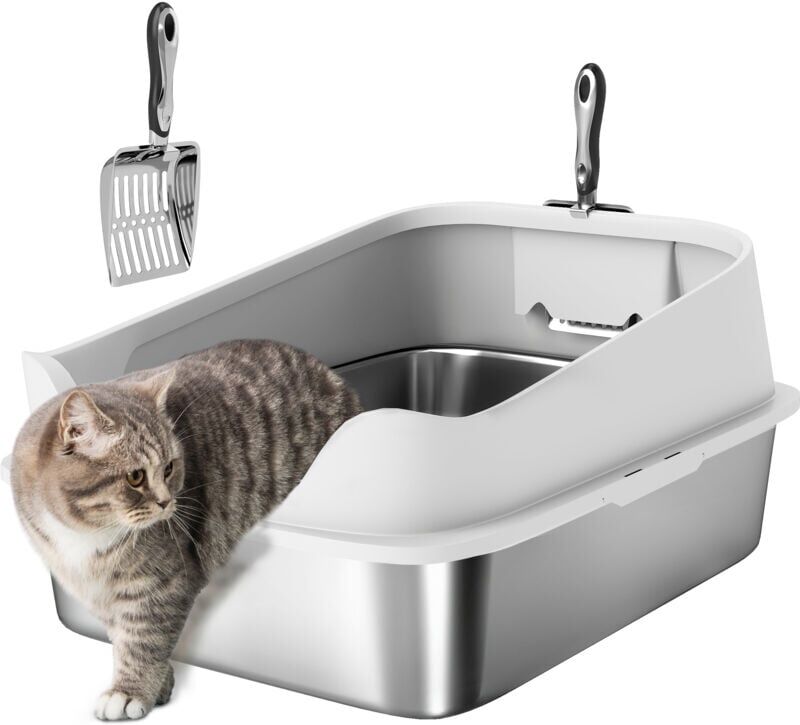 Pawhut - xl Stainless Steel Cat Litter Box with High Sides, 60 x 40 x 30 cm