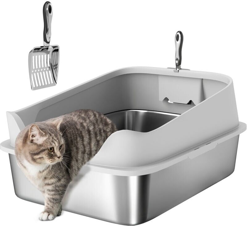 PawHut XXL Stainless Steel Cat Litter Box with High Sides, 70 x 50 x 30 cm
