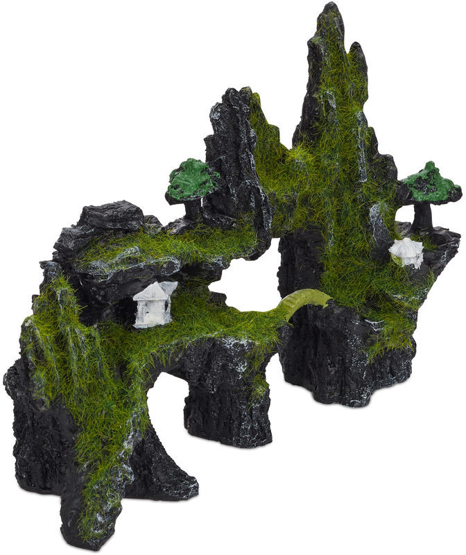 Relaxdays - Aquarium Decoration, Rock Formation, Natural Look, Asian Ornaments, Fish Tank, 17 x 23.5 cm, Black/Green