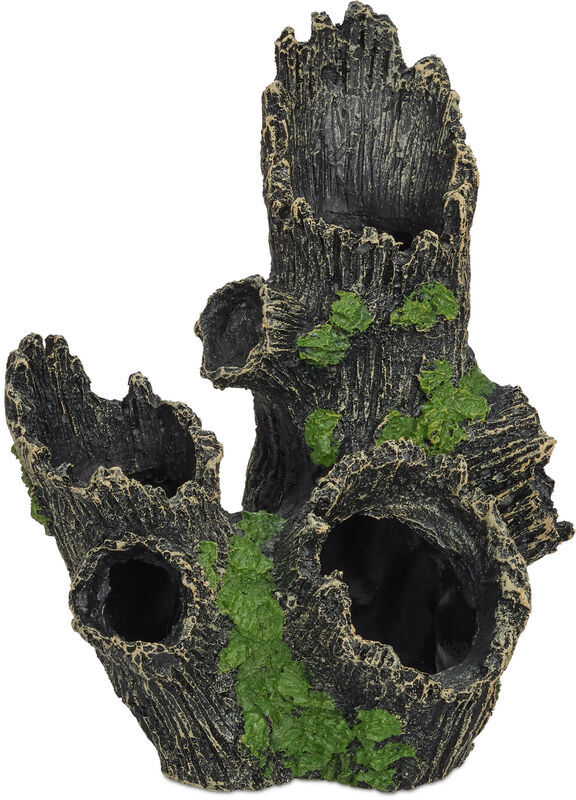 Relaxdays - Aquarium Decoration, Tree Trunk Cave, Natural Look Ornament, Resin, Fish Tank, hwd 16.5x15.5x11cm, Black/Green