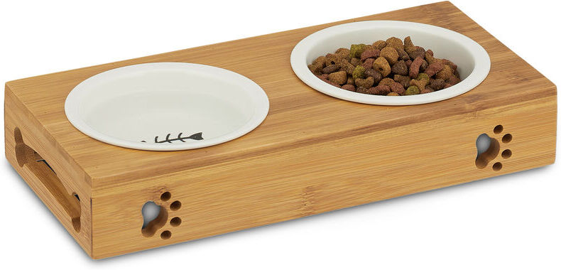 Relaxdays - Bamboo Dog Feeding Station, 2 Ceramic Bowls, Water & Food, Dishwasher-Safe, Cats, Various Sets, Natural