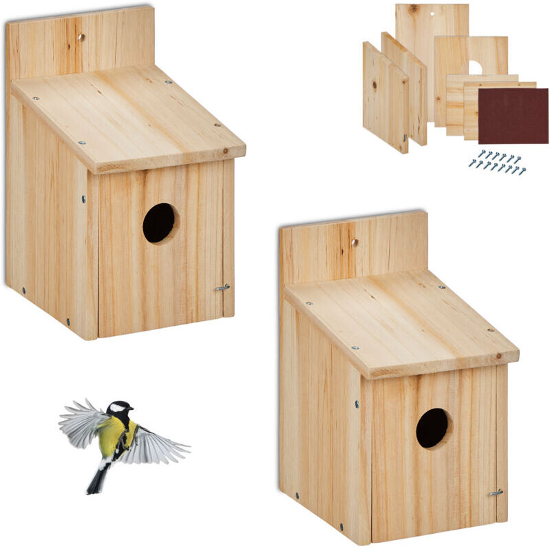 Relaxdays Nesting Box Kit, Set of 2, DIY Bird House, 35 mm Entrance Hole, HWD 23x14x18 cm, Garden & Patio, Wood, Natural