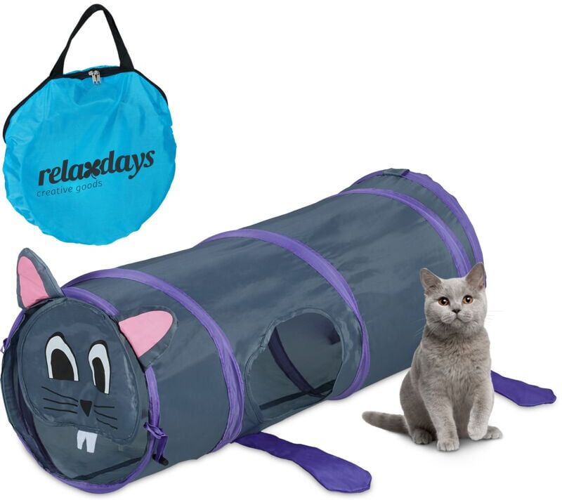 Relaxdays Cat Tunnel, Mouse Design, Foldable Pet Toy, HxD: 63 x 26 cm, Interactive Play, Round, Polyester, Colourful