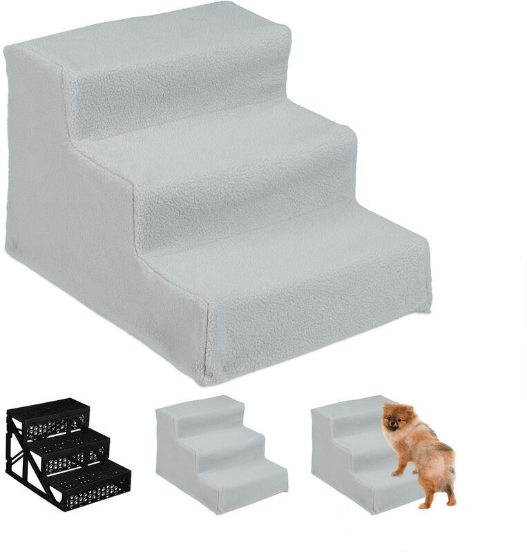 Relaxdays - Dog Stairs, 3 Steps, Pets Access Ramp, Climbing Aid Bed, Sofa & Car, Max. 33 kg, 30x35x45 cm, Grey