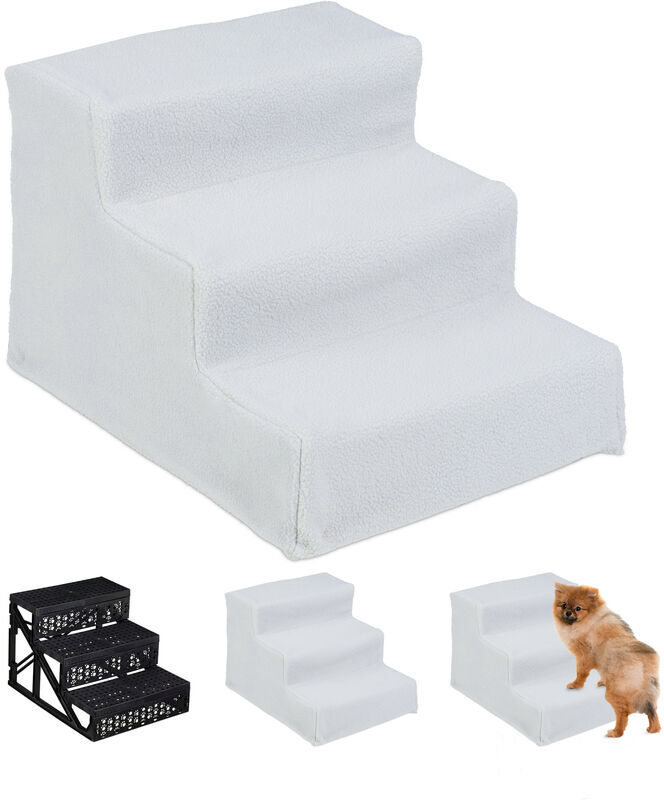 Relaxdays - Dog Stairs, 3 Steps, Pets Access Ramp, Climbing Aid Bed, Sofa & Car, Max. 33 kg, 30x35x45 cm, White