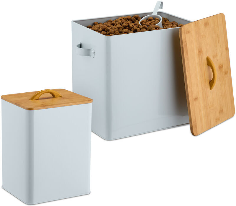 Relaxdays - Food Storage Box, Set of 2, Different Sizes, with Bamboo Lid & Spoon, Iron, Store Dry Pet Feed, White/Natural