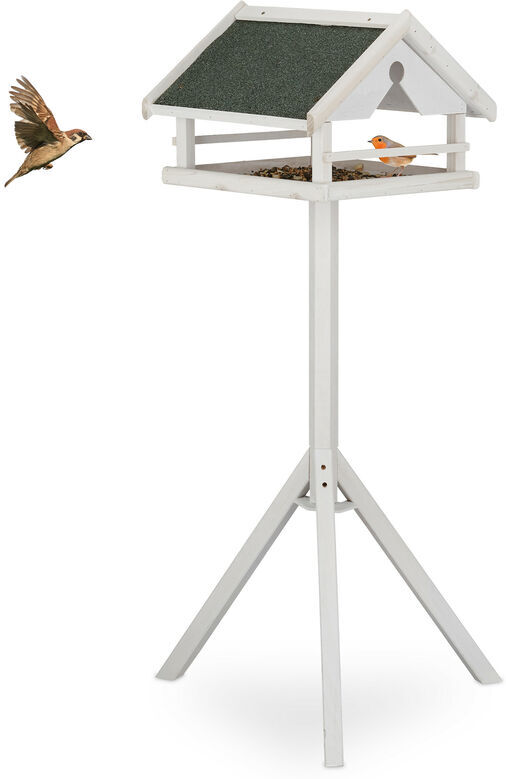 Relaxdays - Free-Standing Birdhouse, Bird Feeder Table, HxWxD: 120 x 62 x 55 cm, Weatherproof Roof, Wood, White