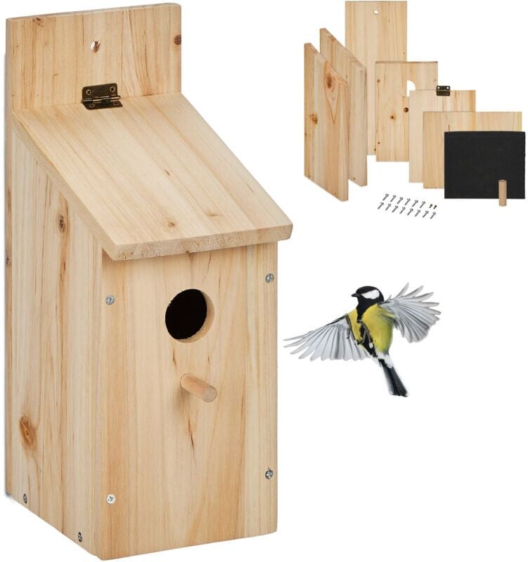 Nesting Box Kit, for Birds, 32 mm Entrance, hwd: 29.5x11.5x17 cm, Bird House to Build Yourself, Wood, Natural - Relaxdays