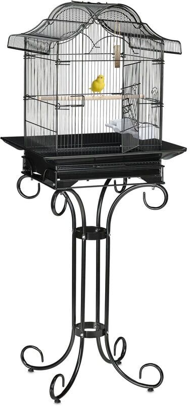 Relaxdays - Bird Cage, Birdcage with Stand, Canaries, Finches, Perch, Feeding Bowl, h x w x d 146.5 x 55 x 50 cm, Black