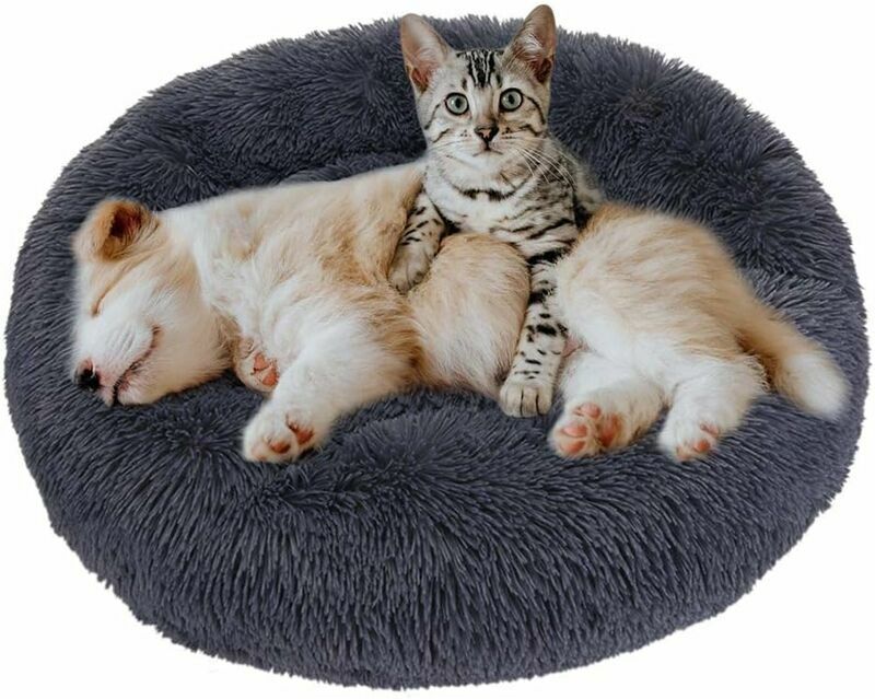 Dewdat - Round Donut Basket Dog Cushion,Washable Soft Fluffy Cat Bed,Comfortable Pet Pillow Nest Warm Bed (Beige-Diameter:60 cm)