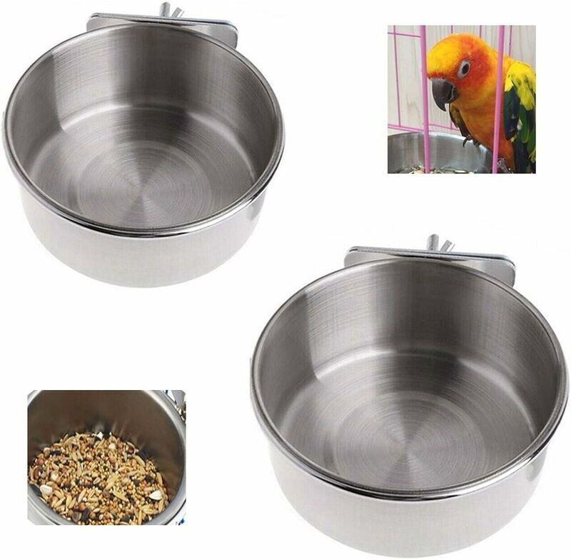TINOR Stainless Steel Bird Feeder Stainless Steel Fixed Feeding Bowl Bowl Hanging Cage Water Feeder Pet Food Accessory for Bird Cage 2PC
