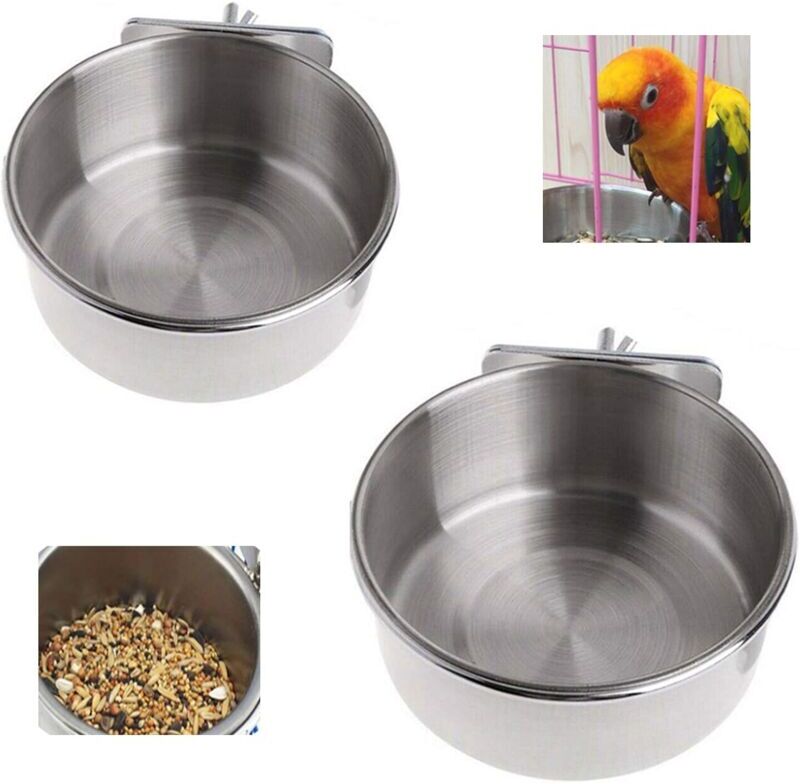 MEMKEY Stainless Steel Bird Feeder, Stainless Steel Fixed Feeding Bowl Bowl Hanging Cage Food Water Pet Nibble Bird Cage Accessories 2 Pack