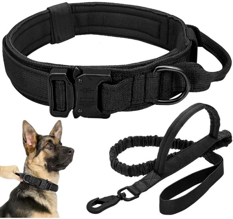 GROOFOO Tactical Dog Collar Leash Set, Adjustable Military Training Nylon Collar Dog Training with Control Handleand Metal Buckle, Dog Collar for Medium