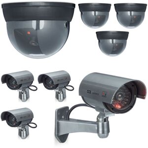 Dummy Camera, 8x Set, 4 Domes, 4 ccd, Flashing led Light, Indoor & Outdoor, Burglar Deterrent, Silver - Relaxdays