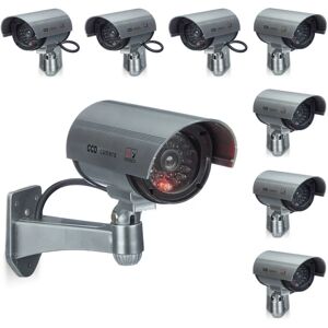 Dummy Camera, 8x Set, Flashing led Light, Indoor & Outdoor, Burglar Deterrent, Wireless, Silver - Relaxdays