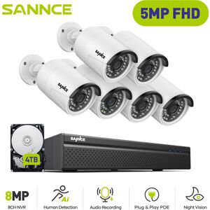 8 Channel H.265+ Security PoE NVR,4K nvr & 6pcs 5MP Outdoor PoE ip Cameras H.265+ Supported Audio Recording- 4TB hdd - Sannce