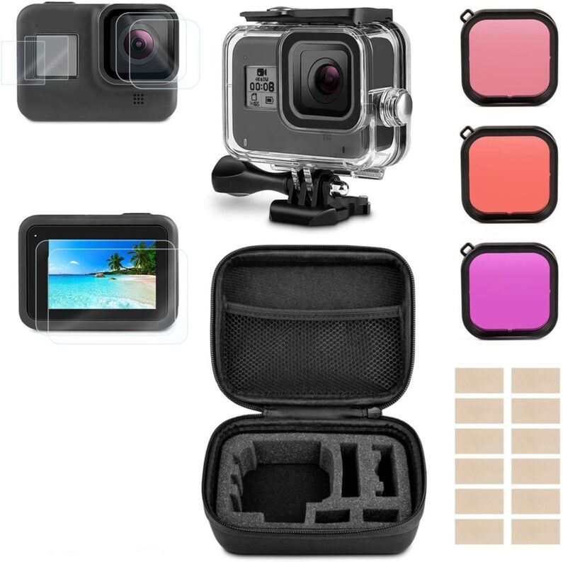 LANGRAY Accessory Kit for GoPro Hero 8 Package Includes Waterproof Case + Tempered Glass Screen Protector + Carrying Case + Anti-Fog Inserts for GoPro Hero8