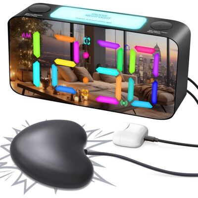 TEHTUY Extremely loud vibration alarm clock for the deaf/deep sleepers/hearing impaired, RGB digital alarm clock for children's room, large numbers/USB TEHTUY Extremely loud vibration alarm clock for the deaf/deep sleepers/hearing impaired, RGB digital alarm clock for children's room, large numbers/USB