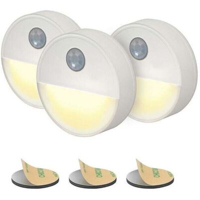 PIR Motion Sensor Night Light - 3 Pack - Warm Yellow LED Light with Battery Power, Wireless PIR Motion Sensor Night Light - 3 Pack - Warm Yellow LED Light with Battery Power, Wireless