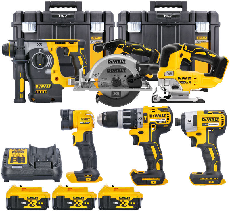 DCK690P3T-GB 18V xr Brushless 6 Piece Power Tool Kit With 3 x 5.0Ah Batteries, Charger & tstak vi Tool Boxes - Dewalt