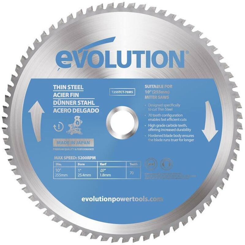 EVOLUTION POWER TOOLS Evolution 255mm Thin Steel Blade 70 Tooth Tungsten Carbide Tipped Mitre Saw Blade