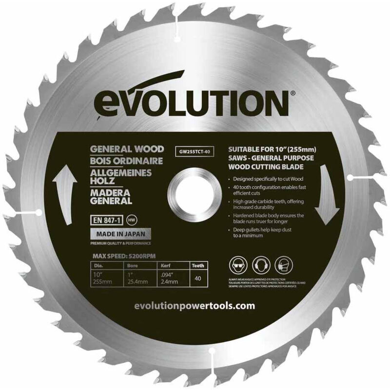 Evolution Power Tools - Evolution GW255TCT-40 General Wood Circular Saw Blade 255mm x 25.4mm x 40T
