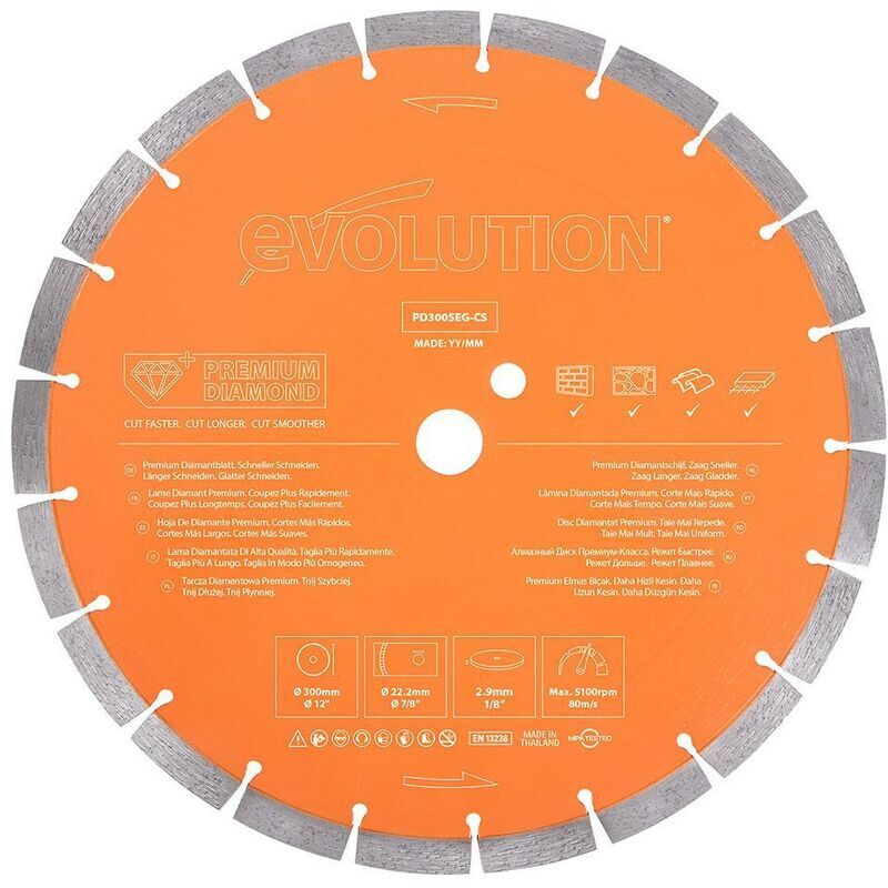 EVOLUTION POWER TOOLS Evolution 300mm Premium Diamond Disc Cutter Blade With High Diamond Concentration, Segmented Edge and 22.2mm Bore