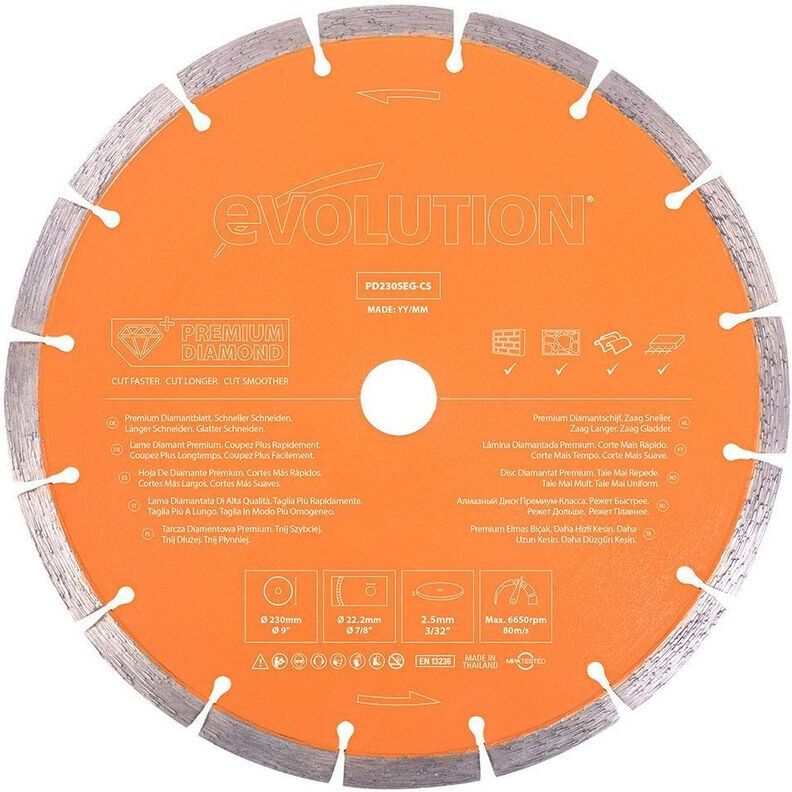 EVOLUTION POWER TOOLS Evolution 230mm, Premium Diamond Disc Cutter Blade With High Diamond Concentration, Segmented Edge and 22.2mm Bore