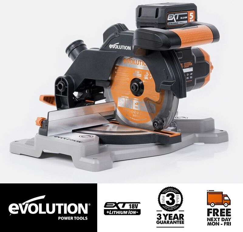 Evolution Power Tools - Evolution Cordless R185CMS-Li Compound Mitre Saw 18v Li-Ion ext (Battery & Charger & Multi-Material Blade Included)