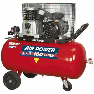 LOOPS 100 Litre Mobile Belt Drive Air Compressor - 3hp Motor - Cast Cylinders - Wheels