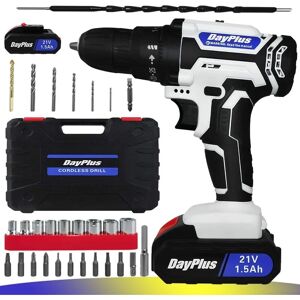 DAY PLUS 21 Volt Drill 2 Speed Electric Cordless Drill/Driver with Bits Set & Battery ,25+1 Torque, 2 Speed, led Light