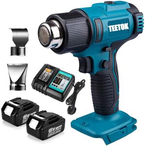 Teetok - 300W Electric Hot Air Heat Gun with 2 Nozzles Cordless Handheld 18V + 2xBattery + Charger,Compatible with Makita Battery