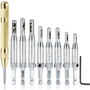 AOUGO 8pcs Center Drill Bit Sets with Auto Center Punch, 1/4'' Furniture Door Self Centering Hinge Hole Punch Woodworking Tools