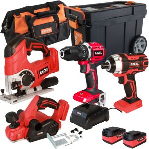 18V 4 Piece Tool Kit with 2 x 5.0Ah Battery Charger & Mobile Wheel Box EXLKIT-16065:18V - Excel