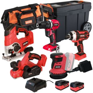 18V 5 Piece Tool Kit with 2 x 5.0Ah Battery Charger & Mobile Wheel Box EXLKIT-16063:18V - Excel