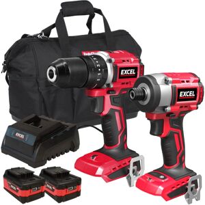 18V Brushless Twin Pack Impact Driver & Combi Drill with 2 x 5.0Ah Battery Charger - Excel