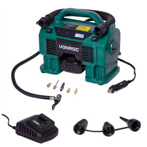 Vonroc - Compressor VPower 20V - 20V battery and 12V cigarette lighter socket - 11 bar - Incl. 8 accessories - Incl. 2.0Ah battery and charger