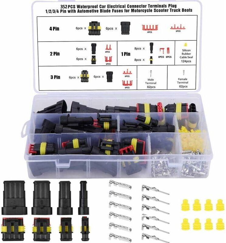 HIASDFLS For 352pcs Wire Connector Kit, Waterproof Connector, Waterproof Automotive Electric Connector, Automotive Waterproof 1/2/3/4-Brooches for