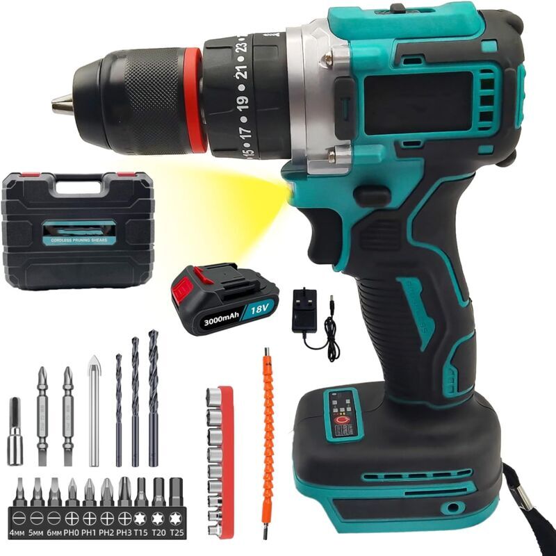 Teetok - Impact Drills, Cordless Drill Compatible with Makita21V, Cordless Drill Maximum Torque 120N. m, Battery Drill 2-Speed Adjustment, 25+3