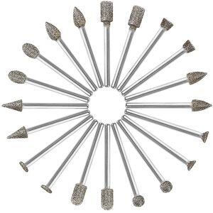 TLILY 20Pcs Diamond Burr Set Rotary Grinding Burrs Drill Bits with 1/8-Inch Shank, Stone Carving Accessories