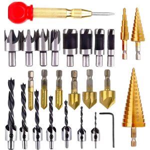 LONGZIMING 26 Pieces Wood Door Window Countersink Drill Bit Set with 8 Wood Cutting Bits, 7 Three Point Drill Bits, 6 Countersink Drill Bits, 3 Taper Drill Bits