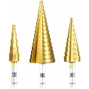 ZVD 3-piece step drill bit - hss stainless steel, 4-12/20/32mm, titanium triangular taper, with hex shank, for screwdriver drilling on steel, brass,
