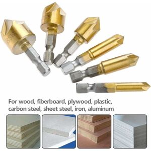 TINOR 6 Pack HSS Chamfer Cutter 90 Degree 5 Flute Countersink Hole Chamfer Cutter Titanium Coated 1/4 Woodworking Drill Bit Hex Shank 6mm 8mm 9mm 12mm 16mm