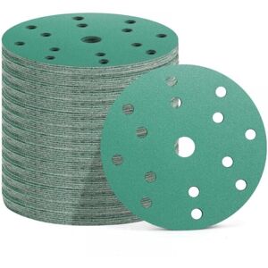 CYSLMUK 60 Pieces 150 mm Sanding Discs, 15 Holes, 10x Grit 240/320/400/600/800/1000, Sandpaper for Orbital Sander (Green)