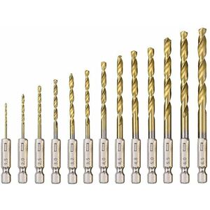 Dewdat - hss Twist Drill Bit 13Pcs High Speed Steel Hex Drill Bits with Titanium Coating 1.5mm - 6.5mm for Wood/Metal/Plastic Drilling