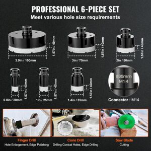Mophorn - Diamond Core Drill Bit Set, 6 pcs 20/25/35/50/75/100mm Diamond Hole Saw Kit, With Finger Milling Bit, Cone Bit, Saw Blade, And Storage Case