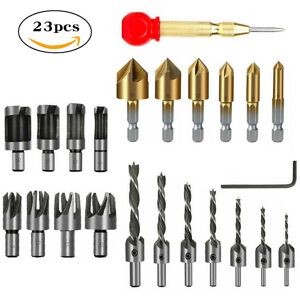 Sollbry - 23Pcs Woodworking Chamfering Drill Bit Set, Woodworking Countersink Drill Bit Set Include 8pcs Wood Plug Cutting Tool,7pcs Tri-Point Drill