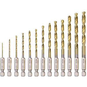 BEIJIYI 13 Piece High Speed Steel Twist Drill Bit Set, 1.5mm to 6.5mm Titanium Coated Hex Bits for Wood/Metal/Plastic Drilling BEIJIYI 13 Piece High Speed Steel Twist Drill Bit Set, 1.5mm to 6.5mm Titanium Coated Hex Bits for Wood/Metal/Plastic Drilling