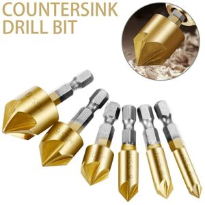COOCHEER 1/4'' High Speed Steel Hex Countersink Drill Bit Set, 6pcs Baban 5 Blade Chamfering Knife, 90° Center Punch Tool with Titanium Coating COOCHEER 1/4'' High Speed Steel Hex Countersink Drill Bit Set, 6pcs Baban 5 Blade Chamfering Knife, 90° Center Punch Tool with Titanium Coating