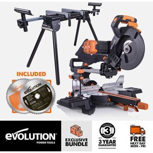 Evolution Power Tools - Evolution Bundle - R255SMS-DB+ 255mm Double Bevel Sliding Mitre Saw with Mitre Saw Stand and 60 Tooth Fine Wood Cutting Blade Evolution Power Tools - Evolution Bundle - R255SMS-DB+ 255mm Double Bevel Sliding Mitre Saw with Mitre Saw Stand and 60 Tooth Fine Wood Cutting Blade